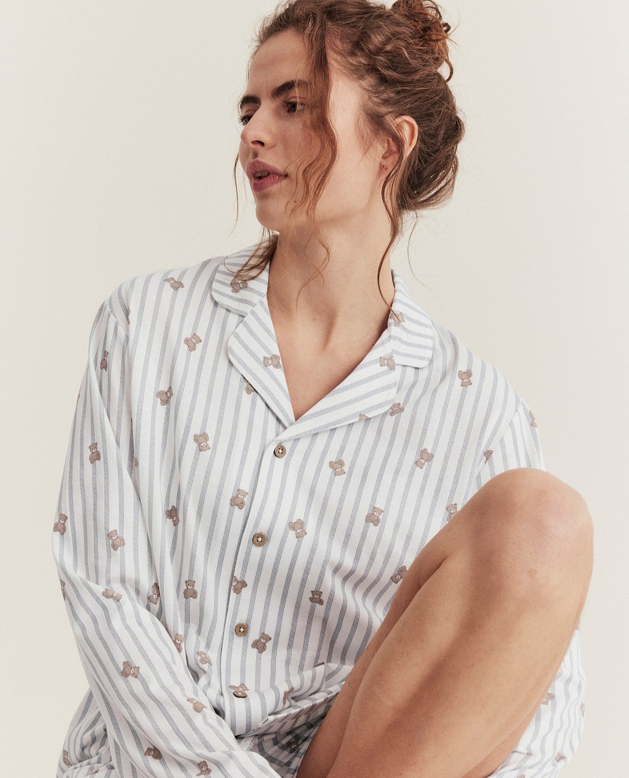 Women's white striped teddy bear pyjamas