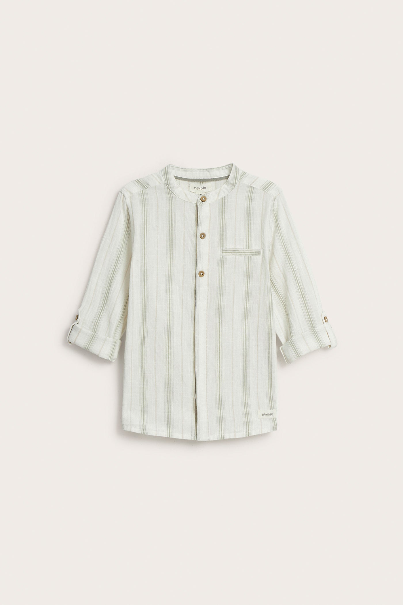 Kids green striped shirt with band collar