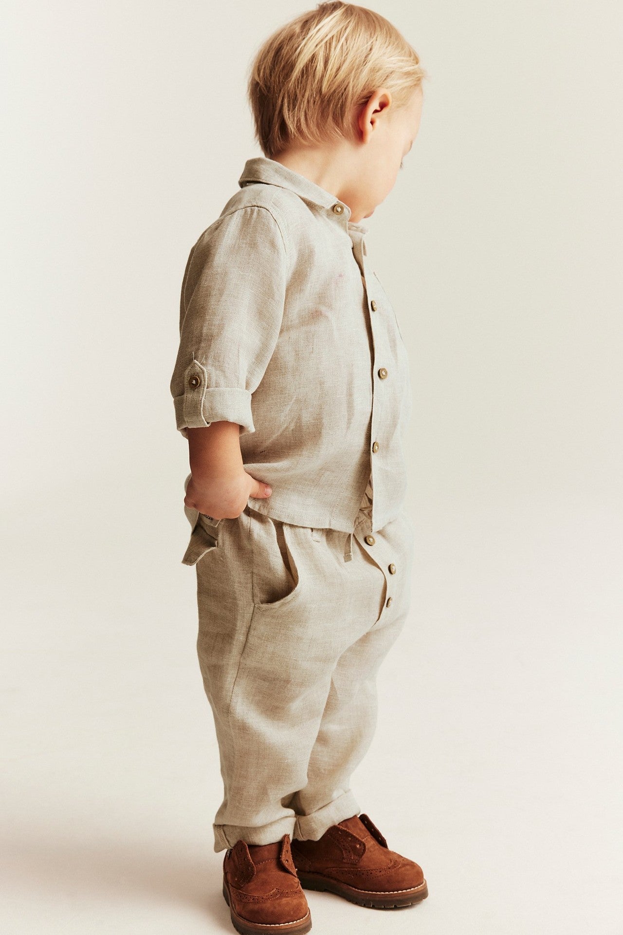 Baby beige linen drawstring trousers