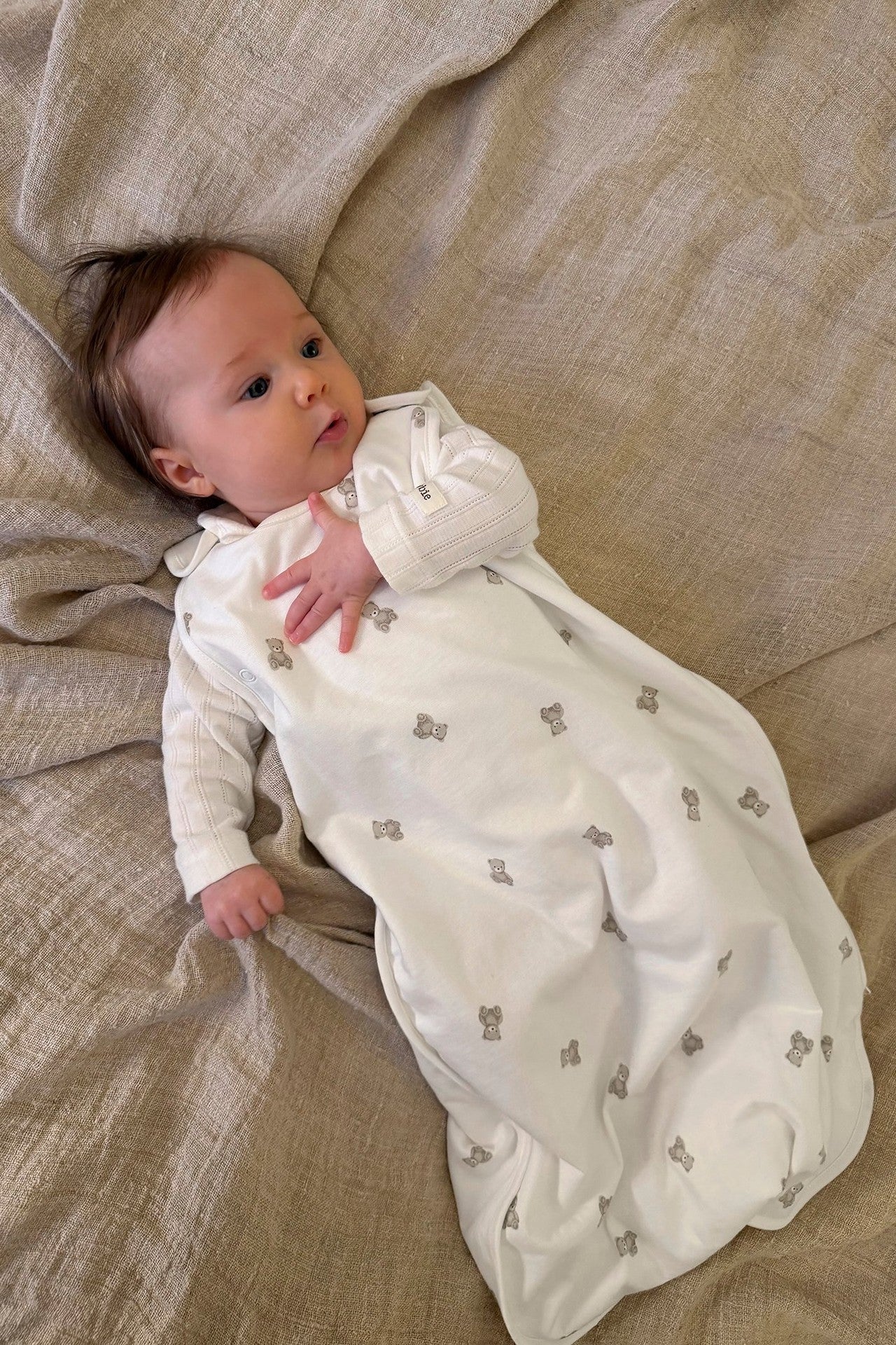Baby white sleeping bag with bear print