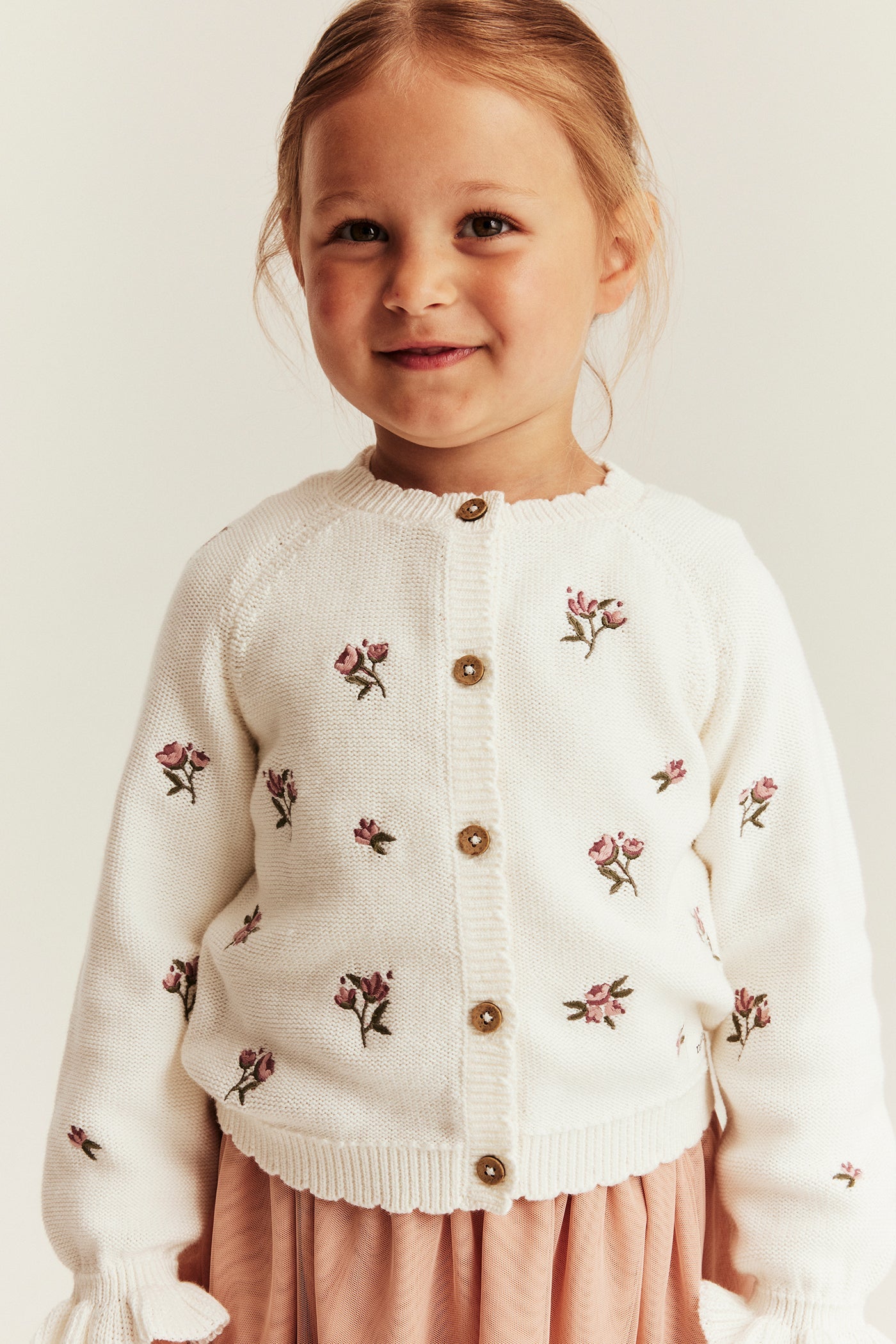 Kids white floral embroidery cardigan