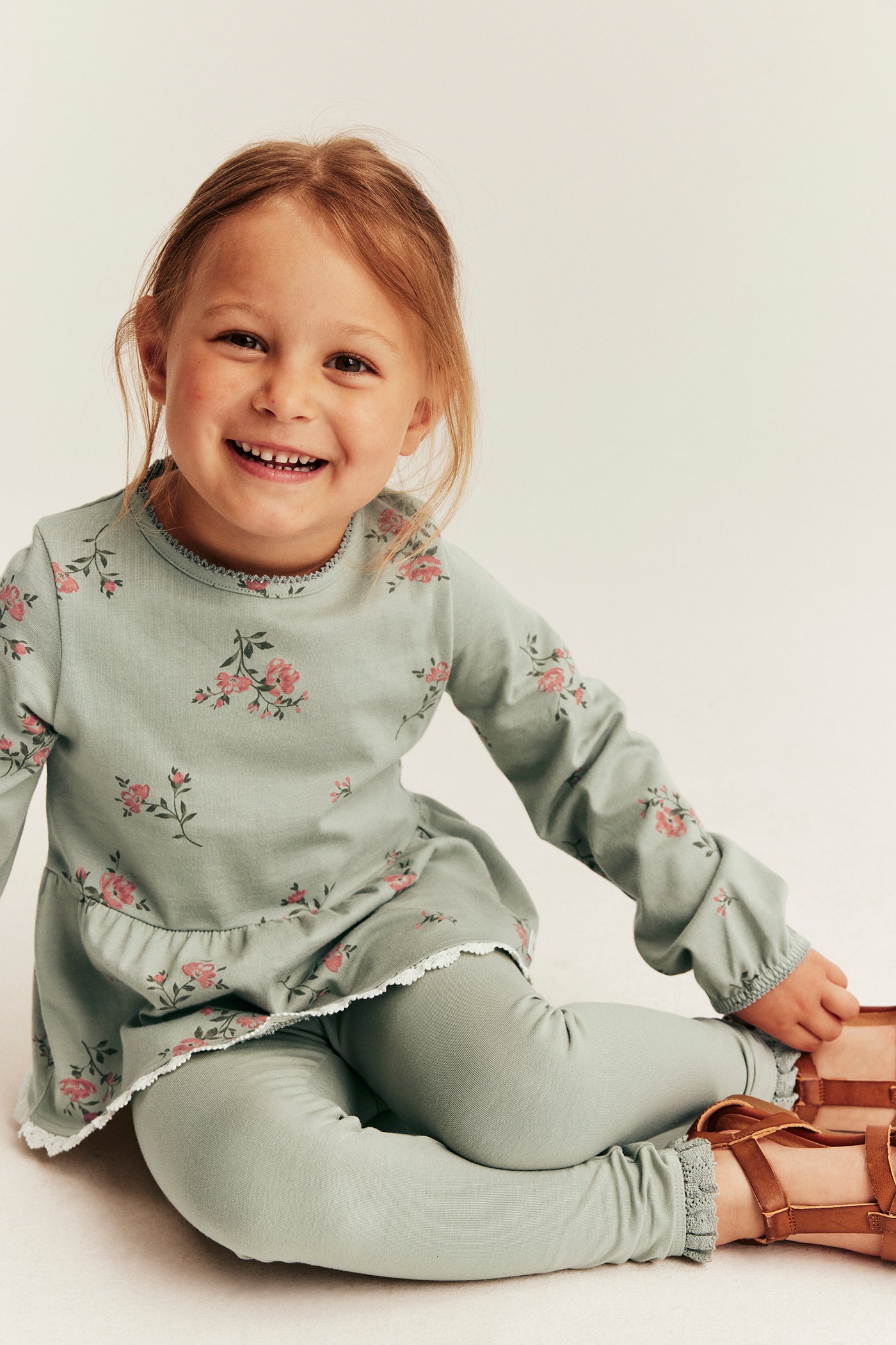 Kids green floral long-sleeve peplum top